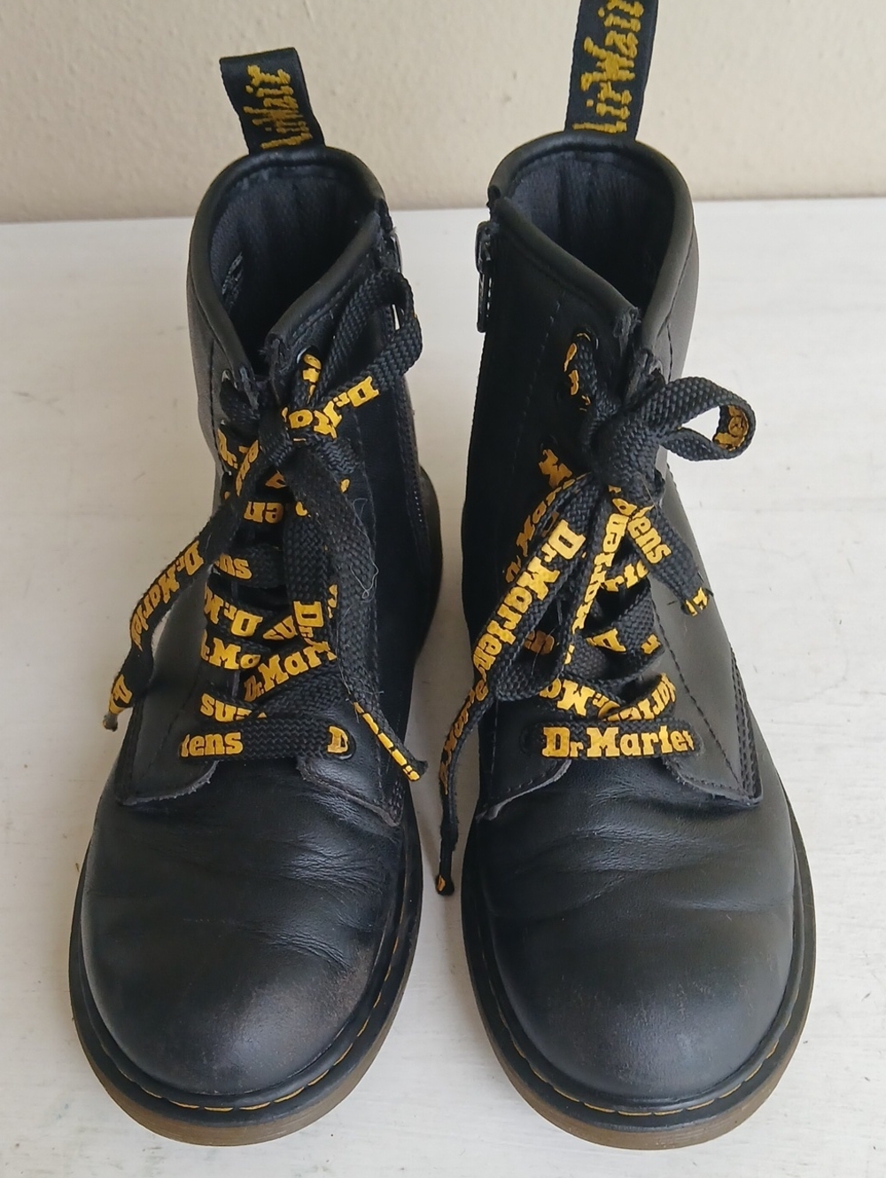 Dr. Martens Kids Black Leather Lace-Up Ankle Boots with Yellow Logo Laces Size 3